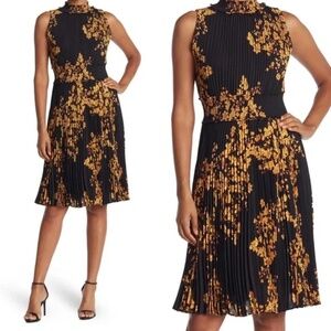 Nanette Lepore Black and Gold Pleated Midi Dress
